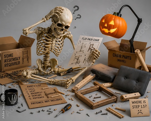 Funny Halloween Skeleton Confused Assembling Flat Pack Furniture with Missing Parts and Pumpkin Lamp