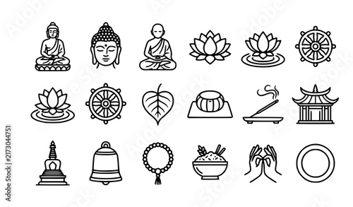 SEO Title:
Buddha Lotus Meditation Buddhism and Buddhist Culture Outline Vector Icons
