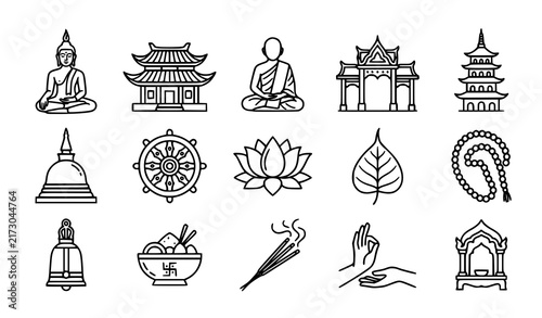 SEO Title:
Buddhist Temple Buddha Monk Lotus and Asian Spiritual Culture Line Icons