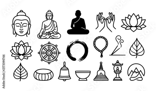 SEO Title:
Zen Buddha Lotus Meditation and Buddhist Spiritual Contour Vector Icons