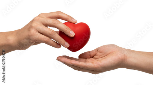 Bild auf Leinwand Gentle hands carefully passing a smooth bright red heart symbol to another perso