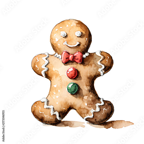 Gingerbread Man Christmas Cookie Watercolor Illustration