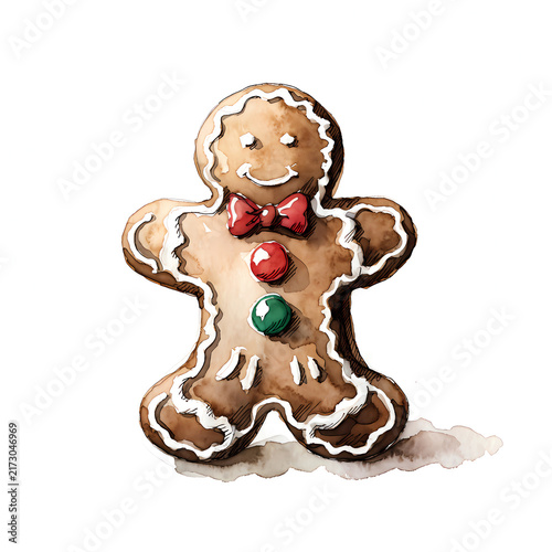 Gingerbread Man Christmas Cookie Watercolor Illustration