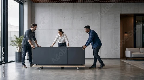 Young diverse professionals collaborating and moving a cabinet in modern office space with concrete walls