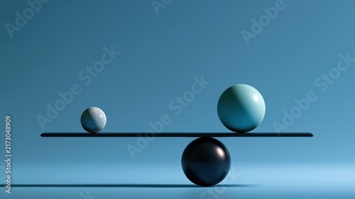 Sculptural balance beam holding a smooth demand sphere and a textured margin sphere in equilibrium in a restrained editorial style with open space