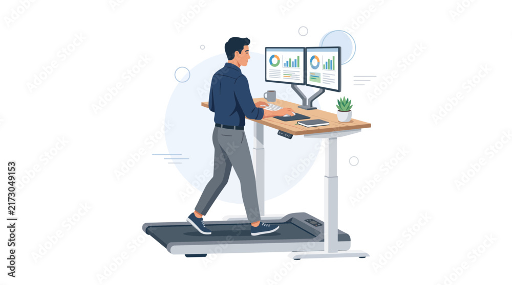 Fototapeta premium Man Walks on Treadmill Desk Working on Dual Monitors with Charts