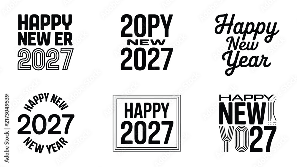 Obraz premium Set of black and white happy new year 2027 typographic design labels and holiday greeting cards