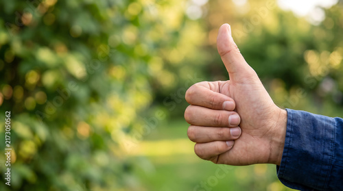 Close up of a human hand giving a thumbs up gesture with copy space against a blurred green outdoor background, representing approval, success, satisfaction, and positive feedback.