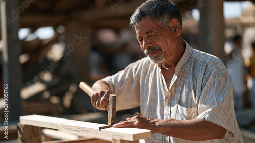 Elderly farmer salvaging usable timber from an old collapsed barn to build new harvest storage crates in a busy rural market backdrop, wide view showing the full weathered