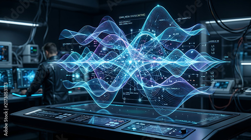 Data scientist analyzing blue digital hologram in dark office