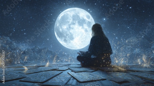 A silhouetted figure meditates with tarot cards under a luminous full moon against a star-dusted sky. Mountains glisten
