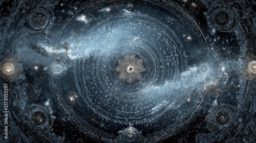 A celestial, symmetrical illustration featuring a central flower-like element surrounded by concentric circles and cosmic nebulas