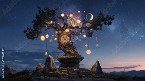 A mystical tree with hanging golden ornaments sits atop a stone platform under a starlit night sky, illuminated with warm light