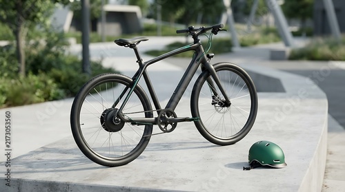 Modern black hybrid bicycle parked on a city sidewalk near green foliage
