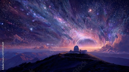 Observatory atop a mountain, gazing at a swirling, cosmic vista of nebulae, stars, and ethereal glow