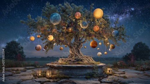 A majestic tree adorned with planetary orbs under a starlit night. Earthly setting with lanterns and a winding stone path