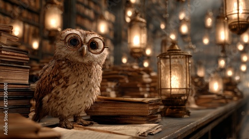 A curious owl with spectacles perches beside books in a dimly lit library. Lanterns and stacks of tomes fill the background, creating a warm glow