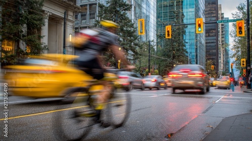Motion-blurred cyclist on urban street with traffic, yellow taxi, and skyscrapers. Traffic lights indicate signals. Dusk lighting