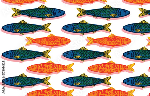 Colorful fish pattern on a white background creates a repeating design