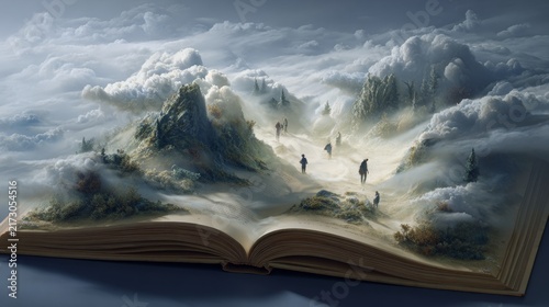 An open book reveals a miniature fantasy landscape, complete with figures hiking through a misty, mountainous terrain