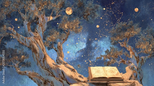 A luminous tree's silhouette graces a starry night sky, with a magical book atop a stone, evoking wonder and imagination