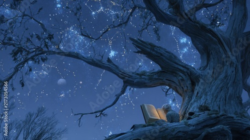 A child reads a book under a starlit night sky, nestled within a sprawling tree. The moon illuminates the scene