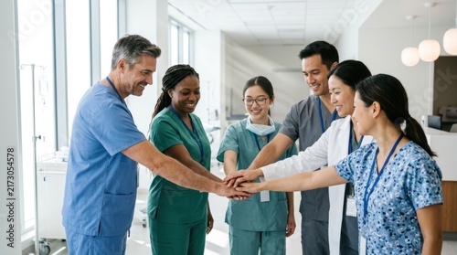 Medical team stacking hands in unity within a bright hospital corridor