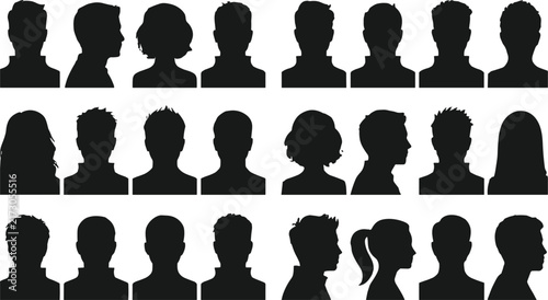 Collection of various human head silhouettes in profile and front view, black avatar isolated on a white background