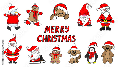 Set of funny characters for Merry Christmas. Hand drawn flat vector. Santa Claus, gnome, cute bear, puppy, penguin, gingerbread man. Colored cartoon illustration.