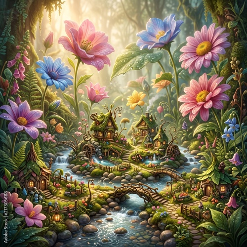 Whimsical Magical Woodland with Giant Blossoms, Crystal Creek and Enchanted Fairy Landscape