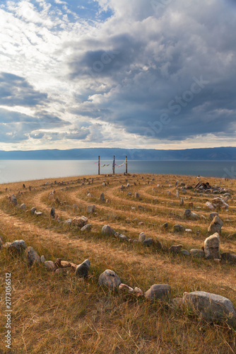 Lake Baikal. The coast of Olkhon Island. View of the sacred stone labyrinth, or 