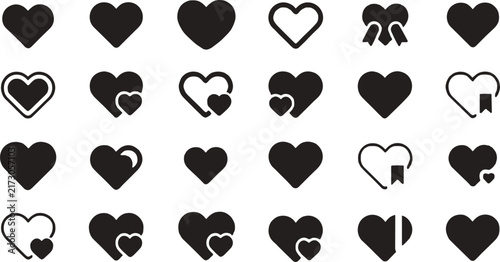 Collection of black heart and symbols arranged in a grid, featuring various shapes, outlines, and decorative