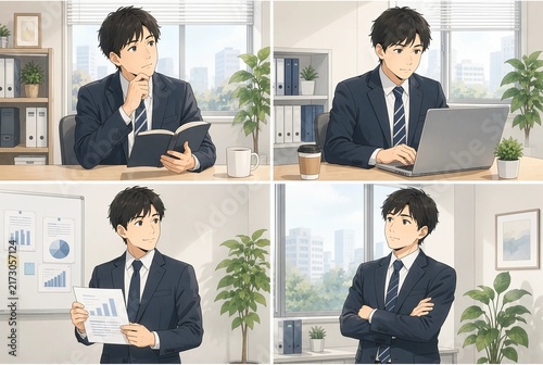 資料の解説や広告に使いやすいパソコン作業やプレゼンなど4種類のビジネスシーンを集めた男性会社員のイラストセット