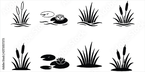 Collection of black and white featuring aquatic plants, reeds, cattails, and water lilies, isolated on white background