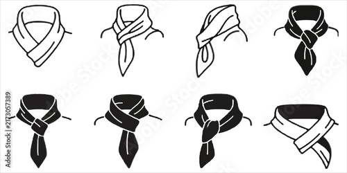 Collection of black and white line demonstrating various ways to tie a scarf around the neck on a white background
