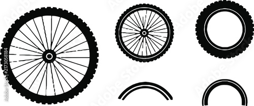 Collection of bicycle wheel including full wheels with spokes and tire treads, isolated on a white background, black