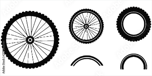 Collection of bicycle wheel including full wheels with spokes and tire treads, isolated on a white background, black