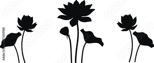 Black silhouettes of lotus flowers and lily pads arranged in a row, featuring detailed floral shapes and stems on white background