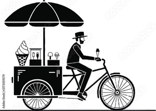 Black silhouette of a man riding a bicycle ice cream cart with a large umbrella on a white background