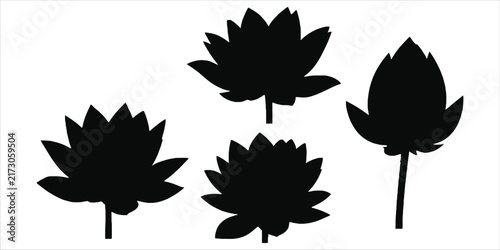 Black silhouette collection of four blooming lotus flowers and buds isolated on a white background, for use
