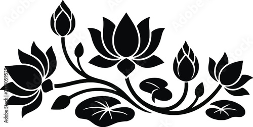 Black and white silhouette of blooming lotus flowers with buds and lily pads on a plain white background
