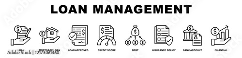 Loan Management banner web icons set vector illustration outline style.