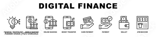 Digital Finance banner web icons set vector illustration outline style.