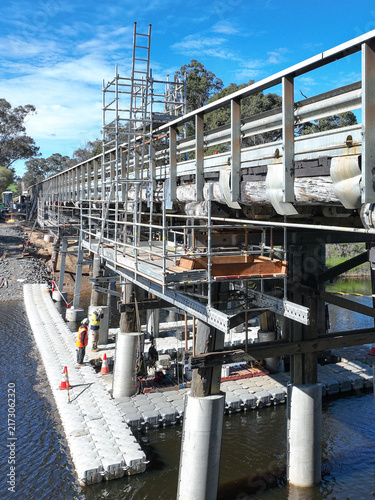Obraz na plátne Scaffolding installed on a rural bridge to provide safe access for maintenance and inspection work