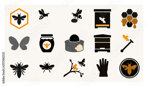 SEO Title:
Honeybee Honeycomb Pollination and Beekeeping Black Orange Vector Icons