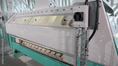 Modern automated machinery for cleaning and sorting wheat grains operating in a flour milling factory. Industrial equipment for sifting and separating wheat seeds for agricultural food production