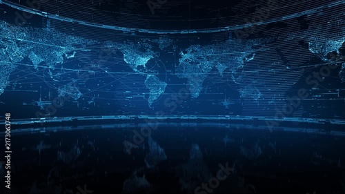 Earth map animated, highly detailed video background in modern style – global rotating world, earth map in shades of blue with network connections.
