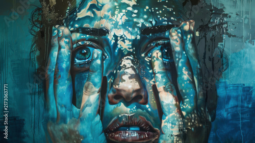 Digital portrait of expressive human face with abstract blue and teal glitch distortion effects