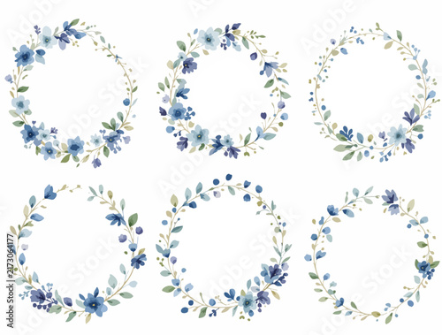 Watercolor blue floral wreath set vector frames isolated on white background for wedding invitation design