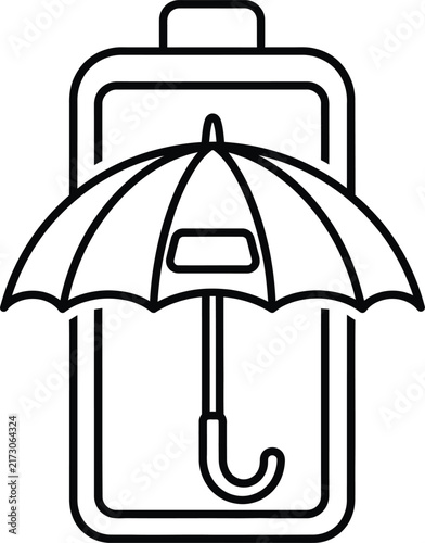Monoline Outline Icon of Battery Cell With Internal Segments Shaped Like Open Umbrella Canopy Ribs for Energy Protection Concept